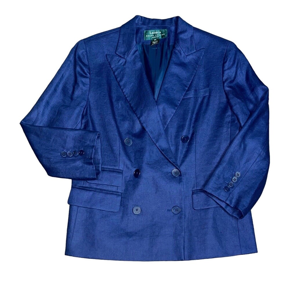 Ralph Lauren 100% Linen Blazer Blue Navy Double Breasted Jacket Women’s Size 10P